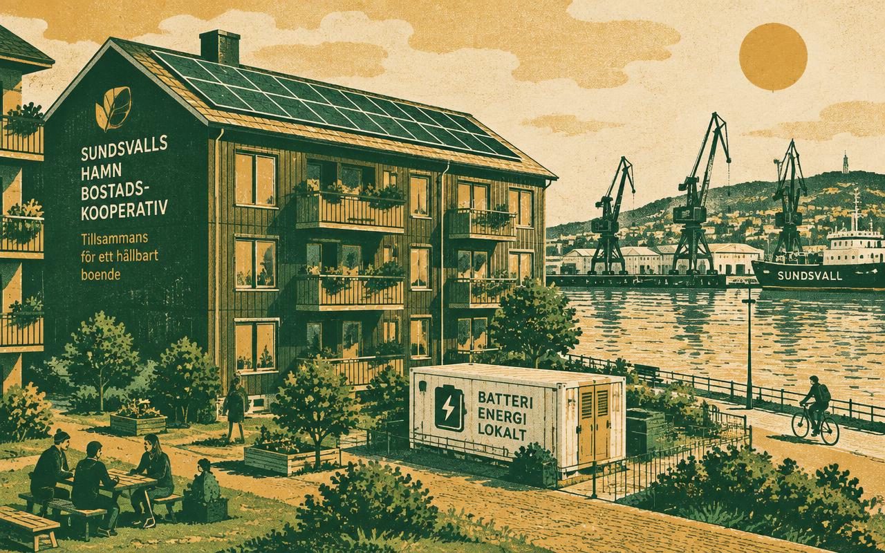 Illustration: bostadsrättsförening vid hamnen i Sundsvall med solpaneler och batterilager
