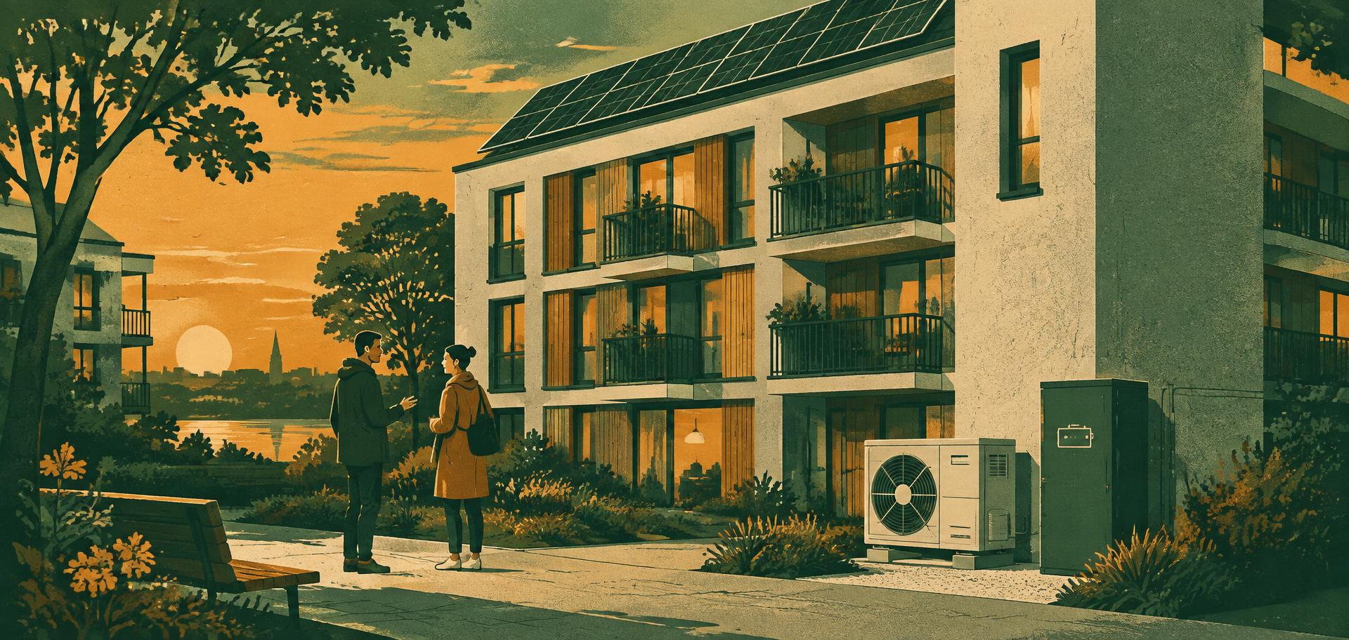 Illustration: flerbostadshus med solpaneler, värmepump och batteriskåp i skymning